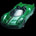 A small green toy sports car with a glossy finish, photographed against a solid black background.